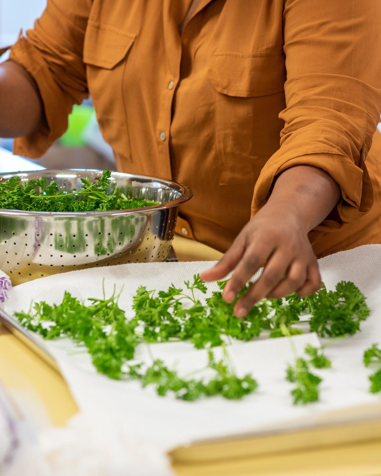 Close-up of a person in a rust-colored shirt spreading fresh parsley leaves on a paper towel to dry, with a metal colander filled with herbs nearby on a kitchen counter.
