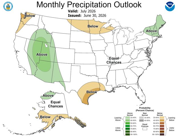 NOAA July 2026 precipitation outlook map showing above-normal precipitation favored in parts of the Great Basin, northern New England, and Alaska; below-normal precipitation favored in parts of the Pacific Northwest, northern Plains, Texas Gulf Coast, and southern Alaska; equal chances elsewhere.