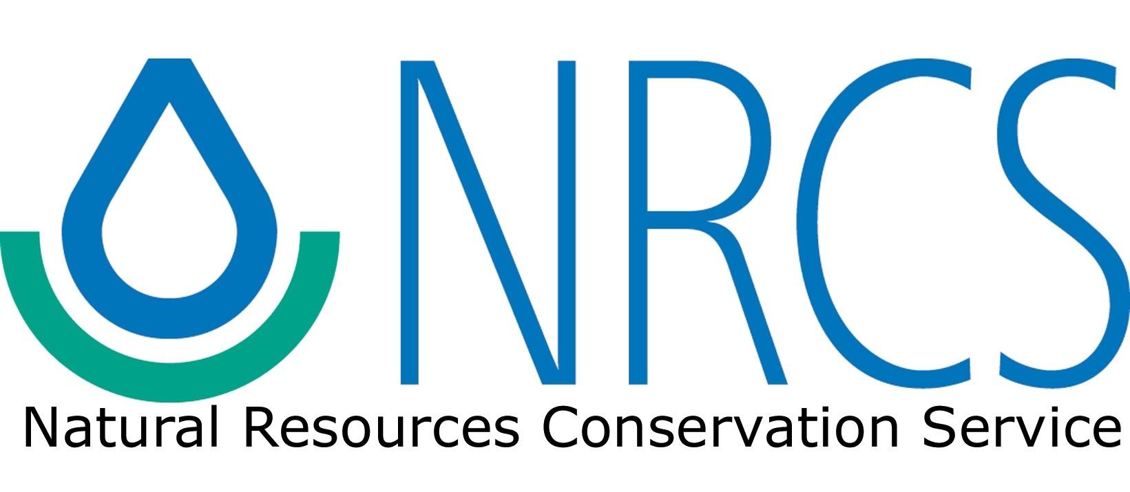 Logo of the USDA Natural Resources Conservation Service (NRCS). The logo features a blue water droplet enclosed by a green curved shape on the left, followed by the large blue letters “NRCS.” Below, black text reads “Natural Resources Conservation Service.” 