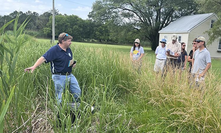 Man talking while standing in grass vegetated area, pointing to the ditch behind him. Several people are standing a few feet away and listening.