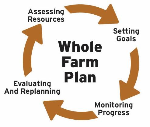  A diagram showing the cyclical nature of a Whole Farm Plan. The four steps, "Assessing resources", "Setting Goals", "Monitoring Progress", and "Evaluating and Replanning" are connected in a circle with arrows.
