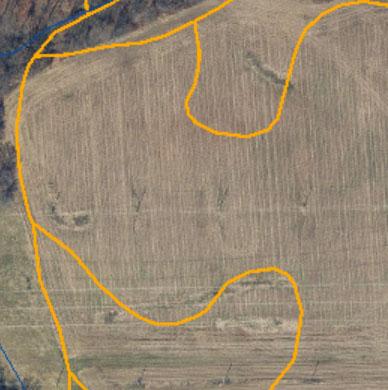  A colorized aerial map of a farm using MERLIN online. The tan field has lines generated from MERLIN which designate the SSURGO soil type.