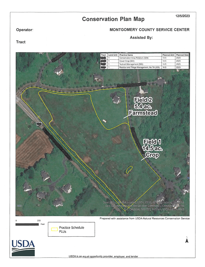 A satellite map showing a conservation plan for a tract managed by Montgomery County Service Center, with two labeled fields: Field 1 (14.5 acres, Crop) and Field 2 (5.4 acres, Farmstead). The map includes yellow outlines marking practice schedule boundaries, a legend, and a table listing land unit numbers, practice names, planned acres, and planned dates from 2023.