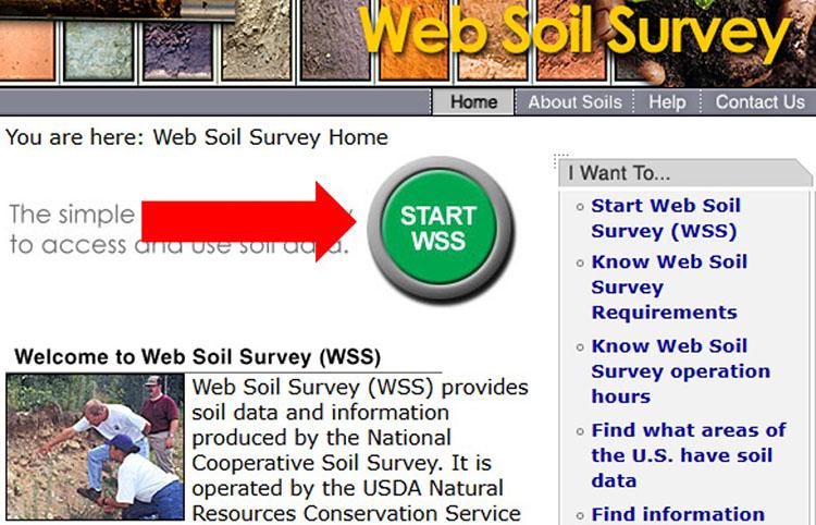 Screenshot of the Web Soil Survey web-page with a red arrow pointing to a green button that reads “Start WSS”.