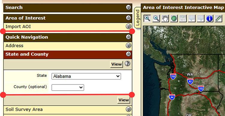 A screenshot of the Web Soil Survey interface showing the controls used to select state and county.