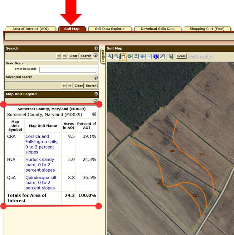 A screenshot of a soil map and a list of soil map unit symbols, map unit names, acres in AOI, and percent of AOI. Red arrow points to "Soil Map" tab.