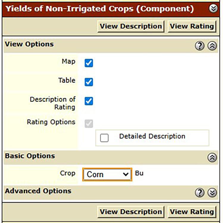 A screenshot of the menu used to generate a report on the estimated potential yield of corn.