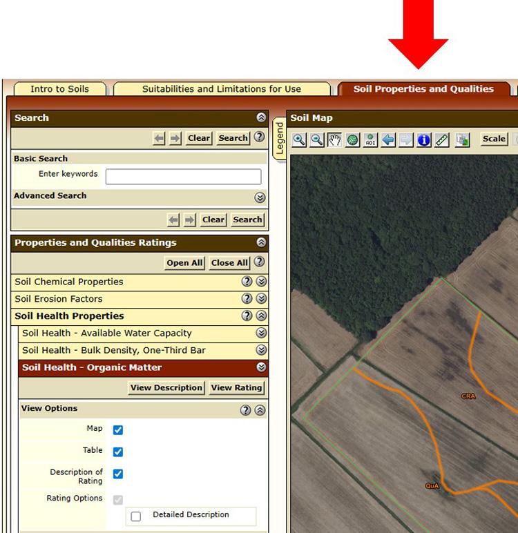 A screenshot of the "Soil Properties and Qualities” tab, showing the category of "Properties ad Qualities Ratings", with "Soil Health-Organic Matter" selected. Red arrow points to "Soil Properties and Qualities tab". 