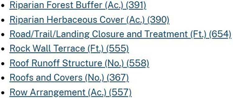 A screenshot from the NRCS website which shows the several links available detailing different conservation practices.