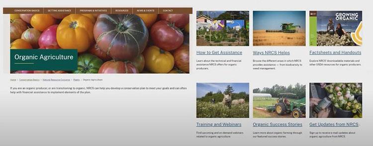 A screenshot of the NRCS website showing different resources for switching to organic agriculture.