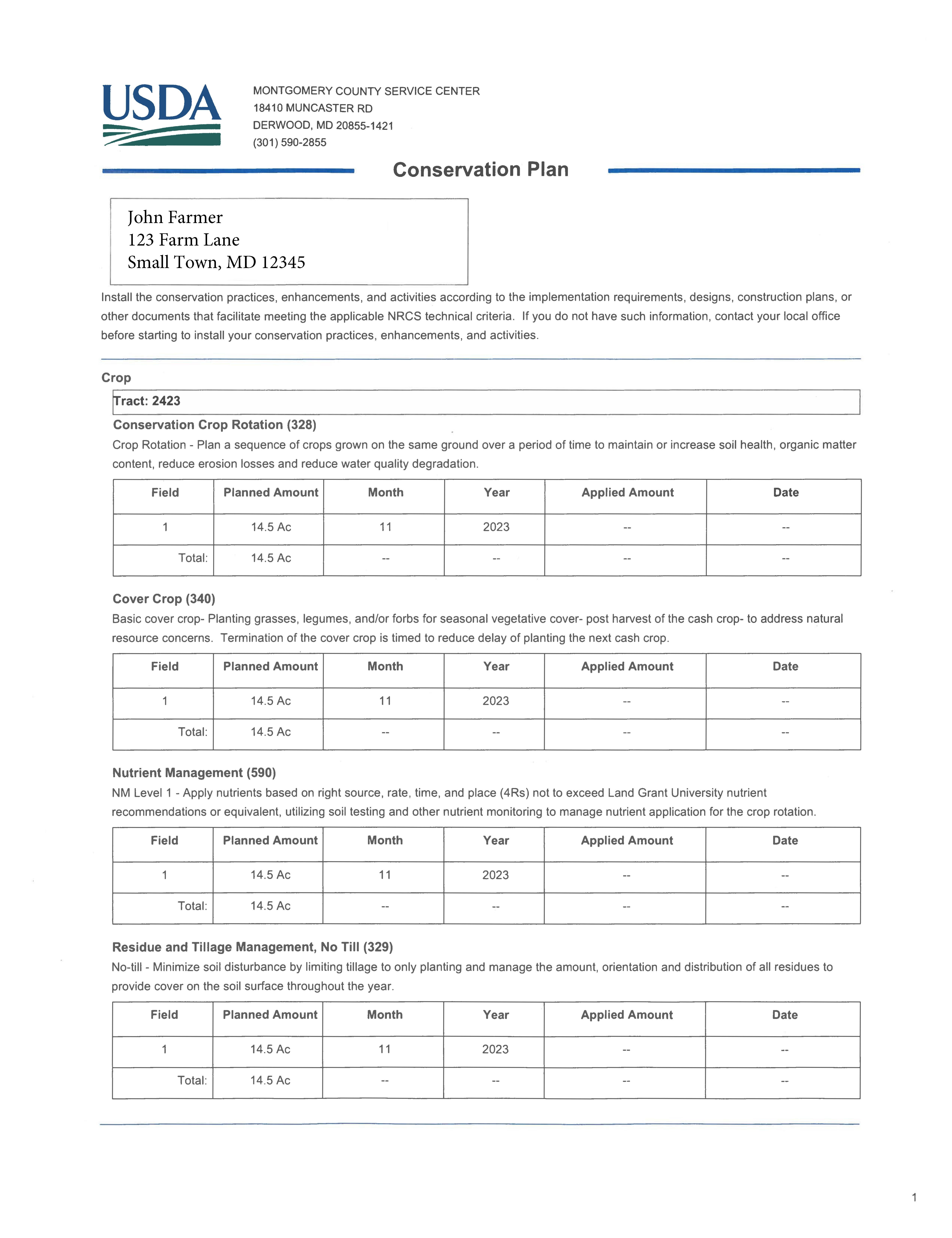 USDA Conservation Plan form showing conservation practices, crop management details, and fillable tracking tables for field activities.