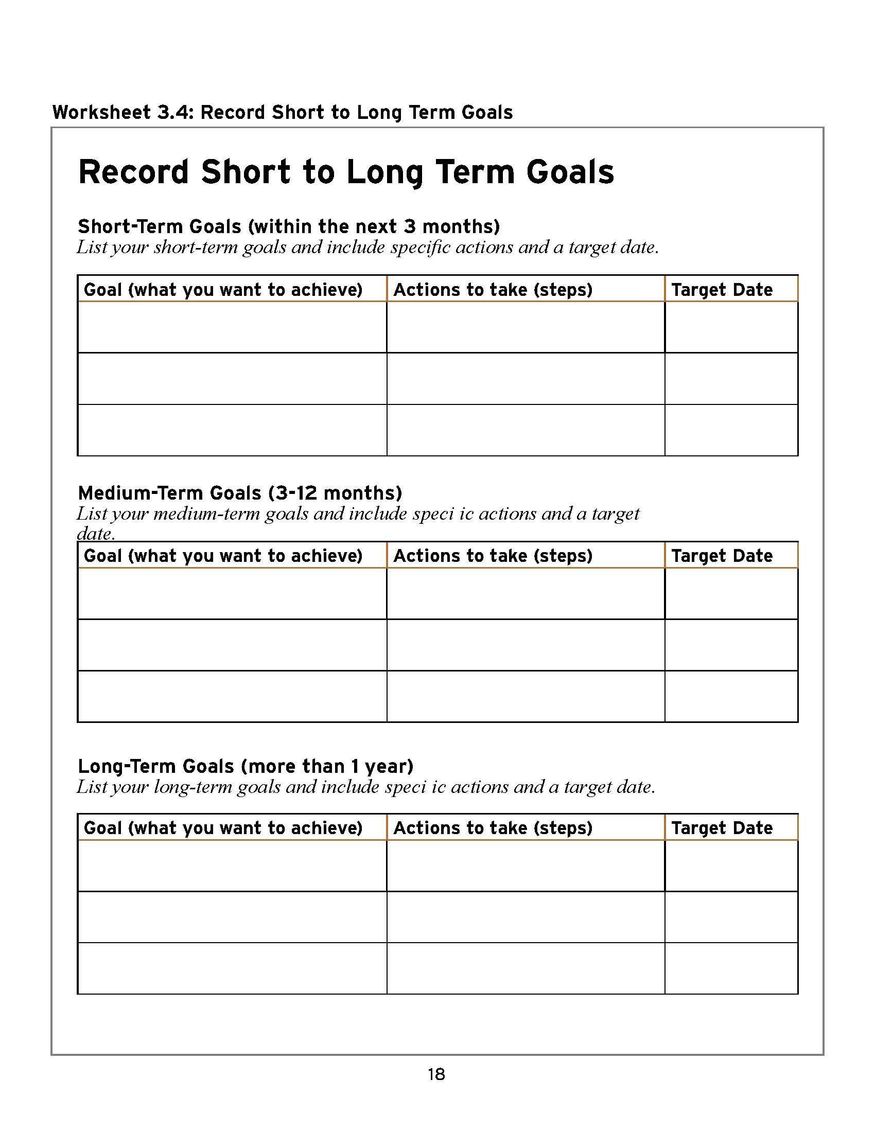 Short-, medium-, and long-term goal-setting worksheet with sections for goals, action steps, and target dates.