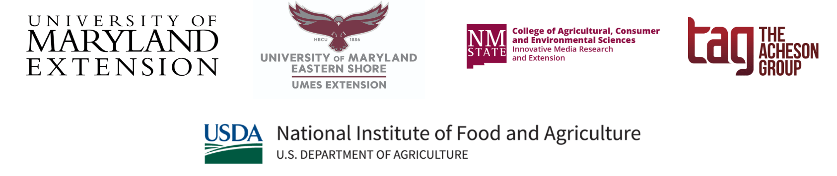 Various logos: UMD Extension, UMD Eastern Shore, New Mexico University and TAG: The Acheson Group
