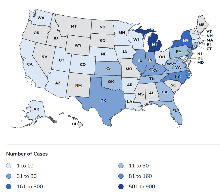 U.S. map showing case counts by state, shaded from light to dark blue. Darker shades indicate more cases, with Michigan showing the highest range. A legend displays six case-count categories from 1 to 10 up to 501 to 900 cases.