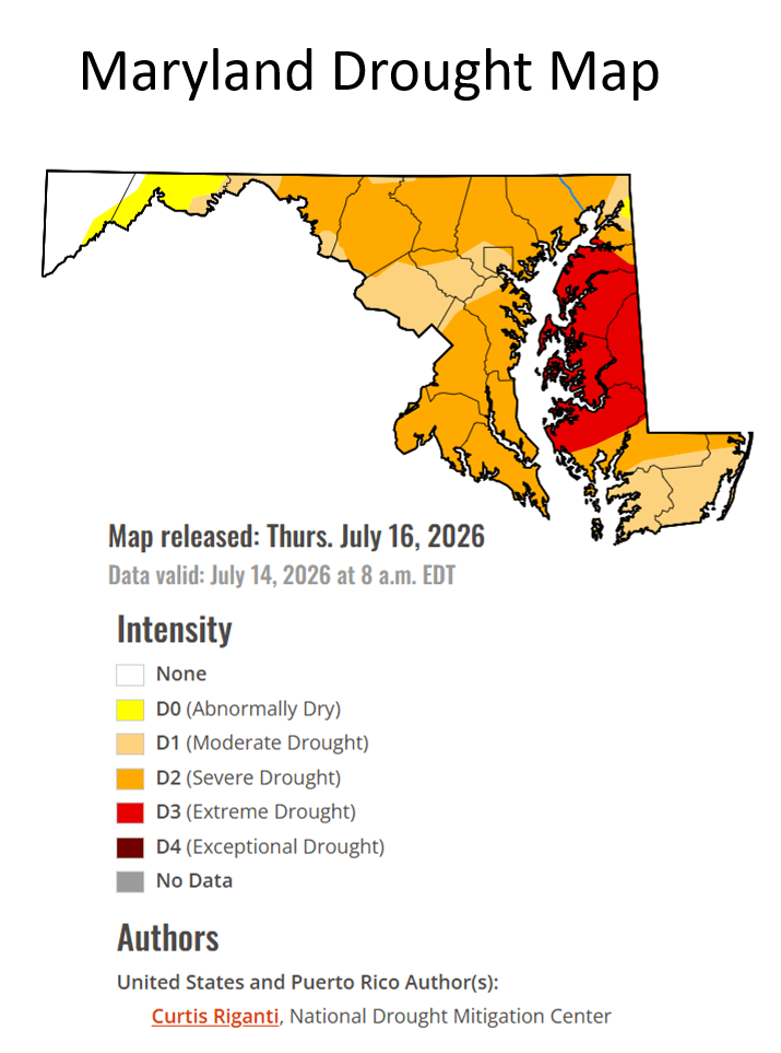 Maryland drought map showing drought conditions as of July 14, 2026. Most of the state is in moderate to severe drought, with extreme drought concentrated along the Eastern Shore. A legend indicates drought intensity levels from abnormally dry (D0) to exceptional drought (D4).
