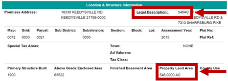 Screenshot of the Maryland SDAT property information page showing location and structure details for a property on Keedysville Road. Red boxes and arrows highlight the Legal Description field, which contains the property acreage value (“546AC”), and the Property Land Area field, which lists the total land area as 546.0000 acres. Additional property details, including address, map, parcel, and assessment information, are displayed on the page.