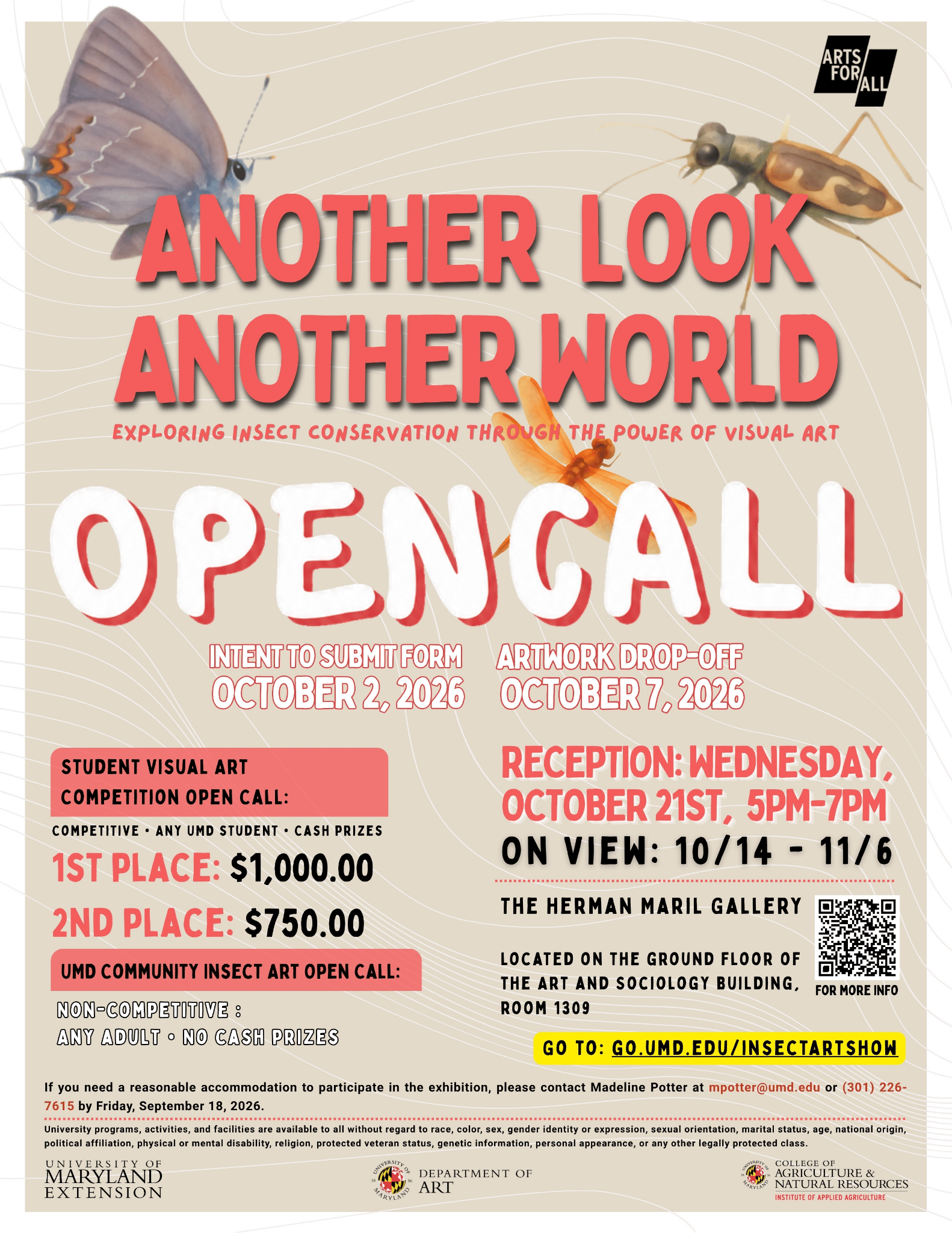 An open call exhibition poster for Another Look, Another World detailing important dates, a link to the exhibition website, the University of Maryland accommodation statement and  assurance and non-discrimination statement.