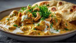 chicken korma in a bowl on a table sitting next to pitas