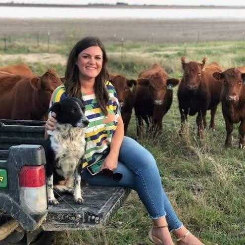 Farm Babe sitting on a truck bed with a border collie and steers behind her.