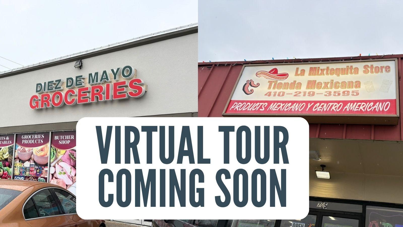 virtual tour coming soon banner on a white rectangle over images of two storefronts