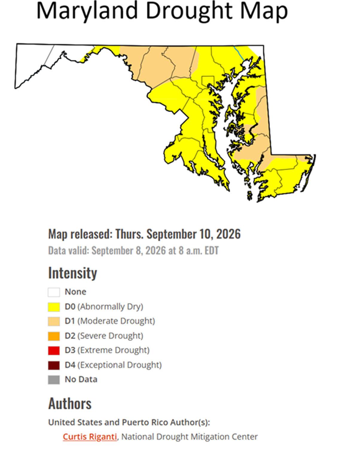 Maryland drought map for September 2026 showing most of the state as abnormally dry (D0) with scattered areas of moderate drought (D1).