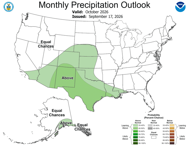 NOAA October 2026 precipitation outlook showing equal chances of above-, near-, or below-normal precipitation for Maryland and much of the eastern U.S.