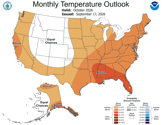 NOAA October 2026 temperature outlook showing above-normal temperatures favored across most of the eastern and southern U.S., including Maryland.