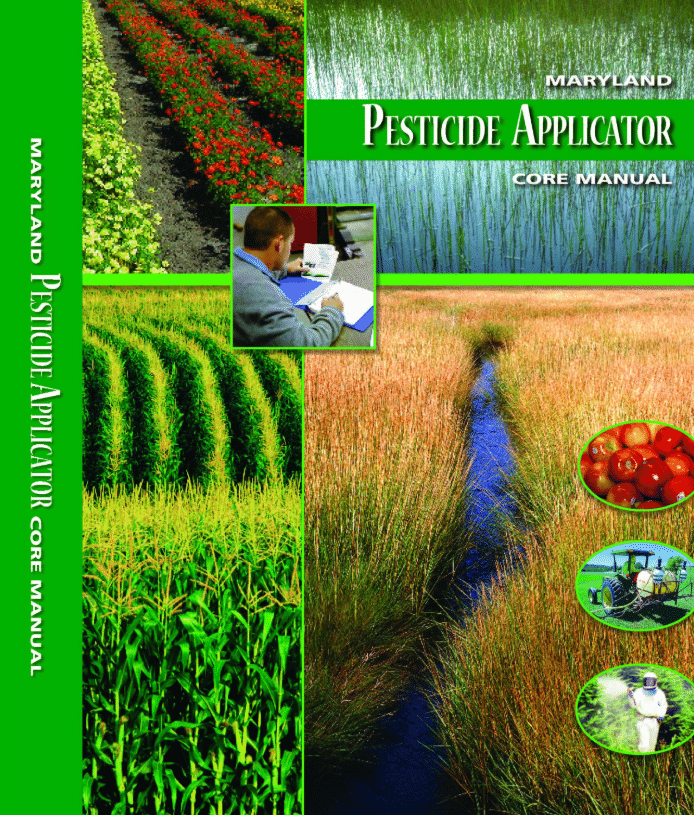 Pesticide Applicator text book from, 4 pics of farms with crops