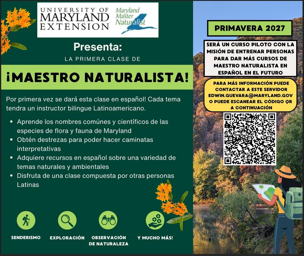 Flyer announcing new Spanish-language Maryland Master Naturalist Vounteer Training Program en Espanol