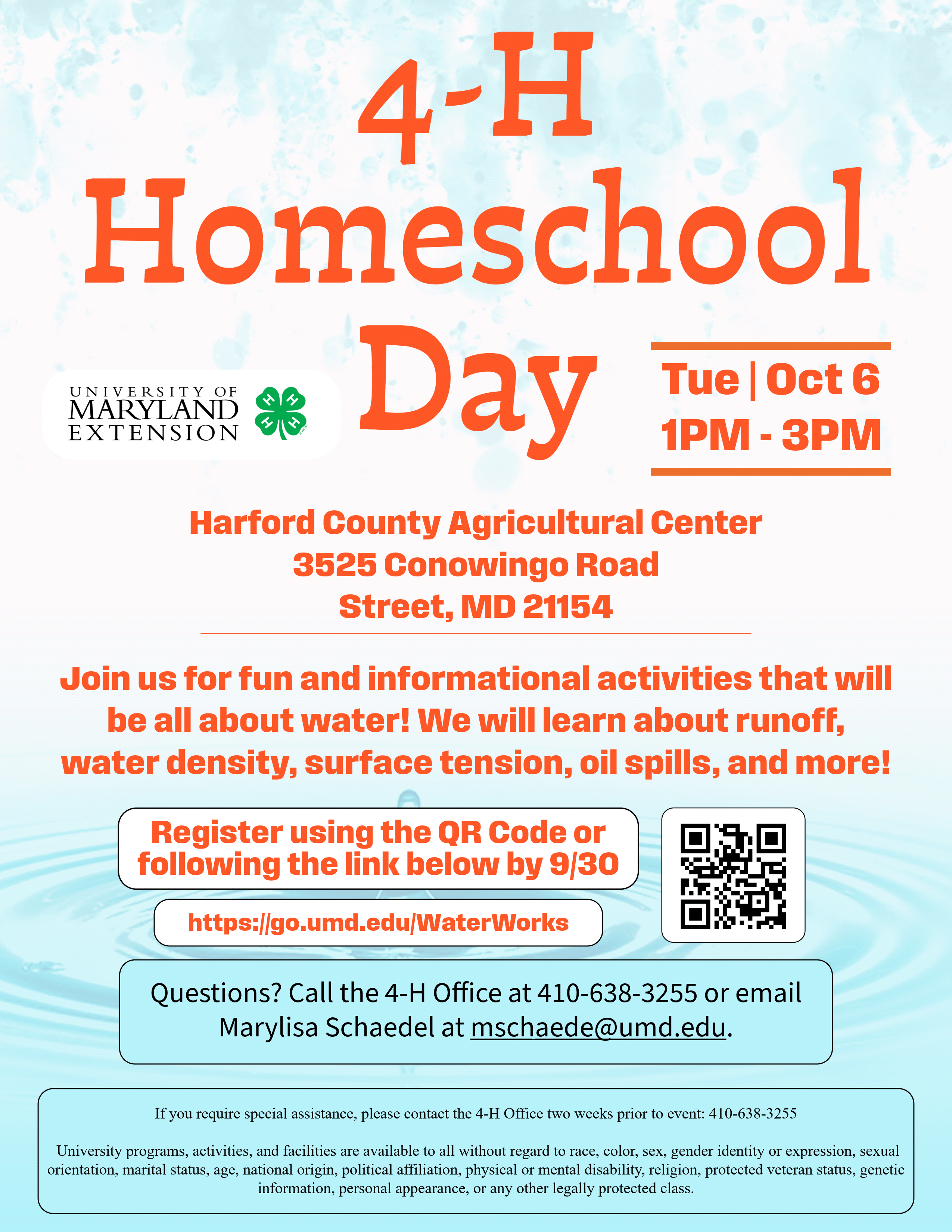 Flyer for homeschool day based on learning about water on october 6th