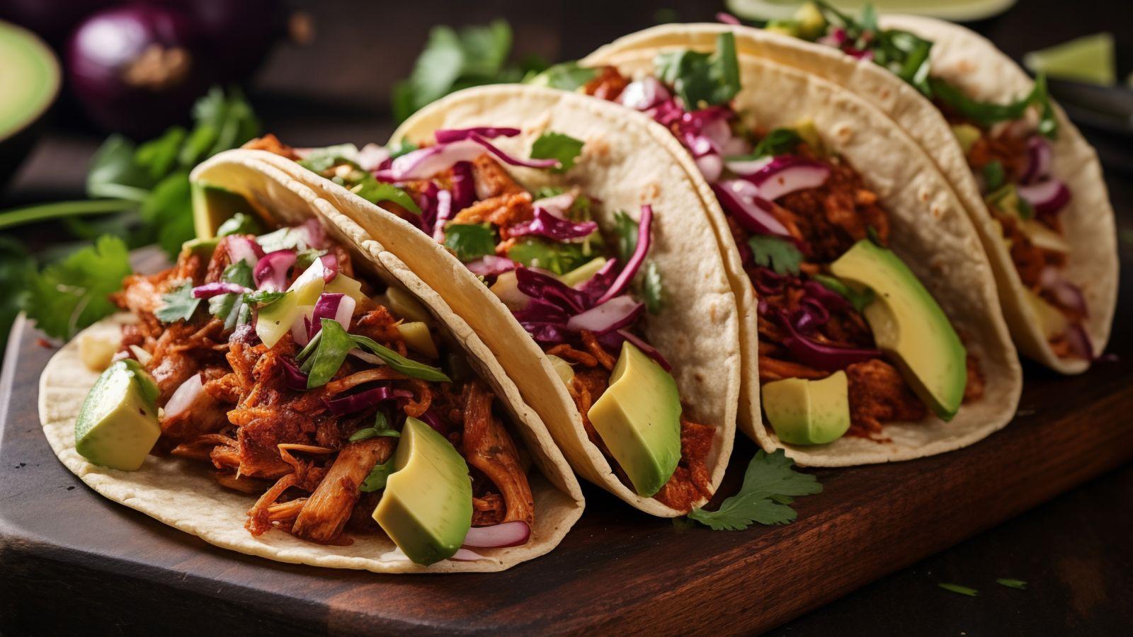 four tacos filled with jackfruit, avocado, slaw, sitting on a wooden cutting board on a table